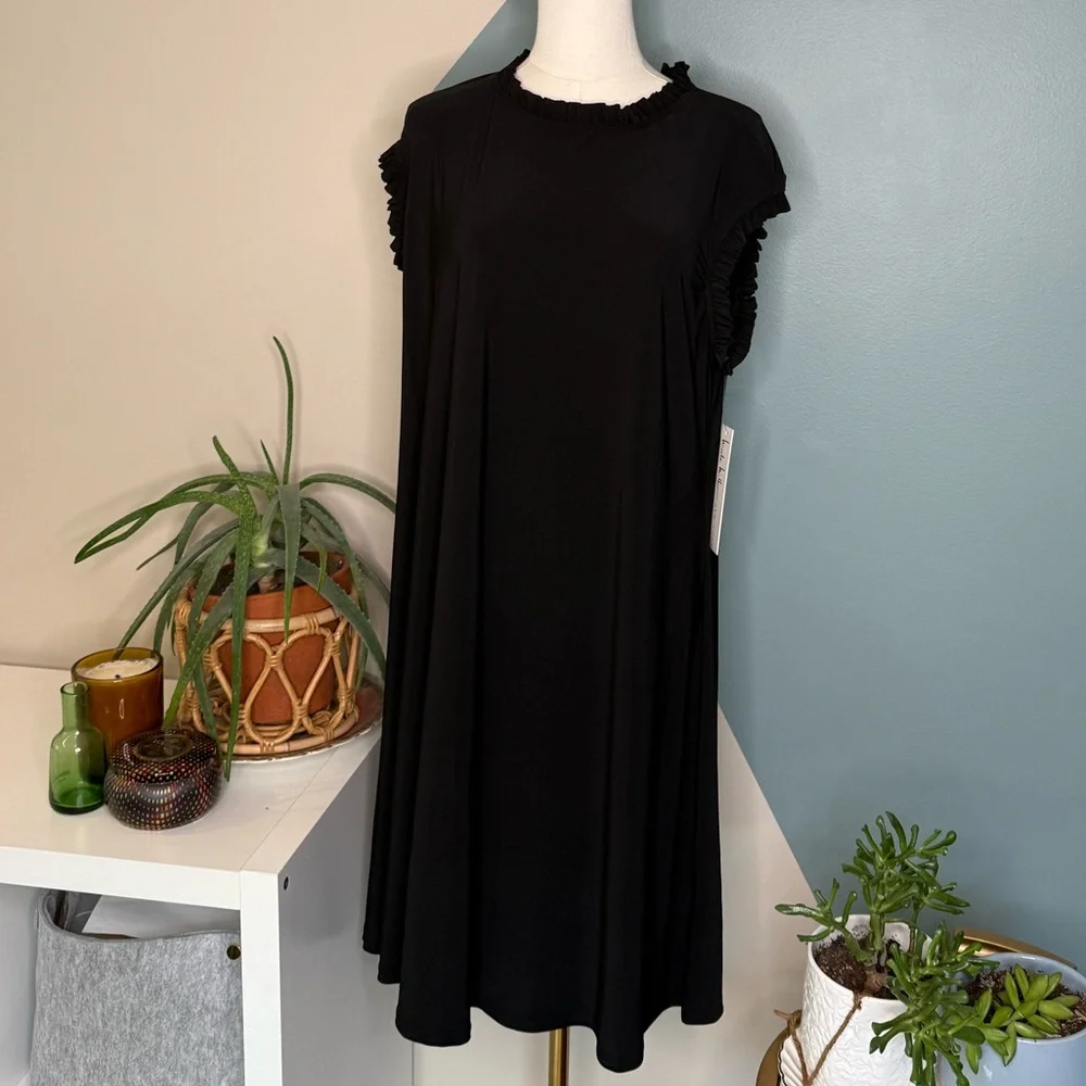 Nicole Miller New York 1X Black Ruffle Mock Neck Sleeveless A-Line Dress Stretch - Picture 2 of 12